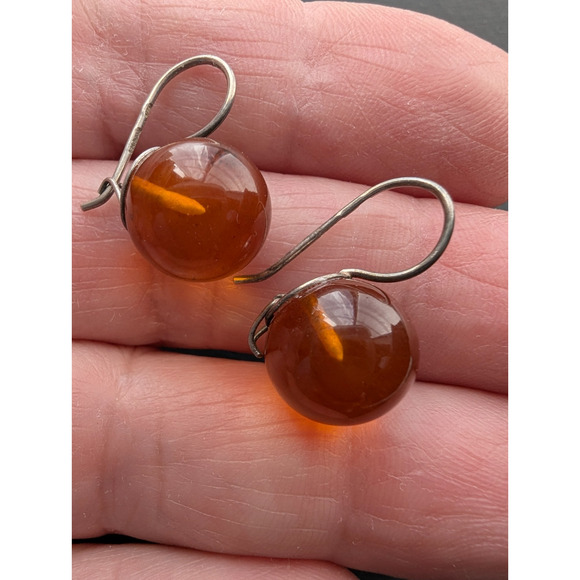 Vintage Sterling Silver and Amber Spherical Drop Earrings Pierced Ears 925 - Picture 4 of 8